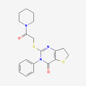 molecular formula C19H21N3O2S2 B2682946 2-((2-oxo-2-(piperidin-1-yl)ethyl)thio)-3-phenyl-6,7-dihydrothieno[3,2-d]pyrimidin-4(3H)-one CAS No. 686770-02-5