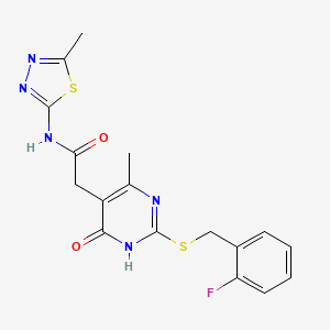 molecular formula C17H16FN5O2S2 B2682994 2-(2-((2-fluorobenzyl)thio)-4-methyl-6-oxo-1,6-dihydropyrimidin-5-yl)-N-(5-methyl-1,3,4-thiadiazol-2-yl)acetamide CAS No. 1105201-00-0