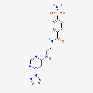 molecular formula C16H17N7O3S B2682996 N-(2-((6-(1H-pyrazol-1-yl)pyrimidin-4-yl)amino)ethyl)-4-sulfamoylbenzamide CAS No. 1251633-08-5