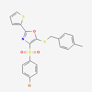 molecular formula C21H16BrNO3S3 B2683011 4-((4-Bromophenyl)sulfonyl)-5-((4-methylbenzyl)thio)-2-(thiophen-2-yl)oxazole CAS No. 850928-39-1