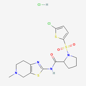 molecular formula C16H20Cl2N4O3S3 B2683027 1-((5-chlorothiophen-2-yl)sulfonyl)-N-(5-methyl-4,5,6,7-tetrahydrothiazolo[5,4-c]pyridin-2-yl)pyrrolidine-2-carboxamide hydrochloride CAS No. 1101195-78-1