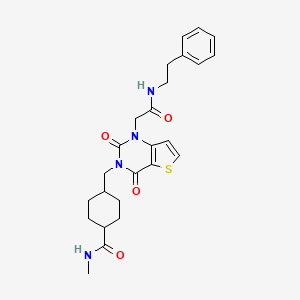 molecular formula C25H30N4O4S B2683039 4-((2,4-dioxo-1-(2-oxo-2-(phenethylamino)ethyl)-1,2-dihydrothieno[3,2-d]pyrimidin-3(4H)-yl)methyl)-N-methylcyclohexanecarboxamide CAS No. 941907-11-5