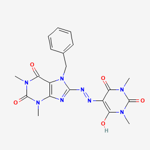 molecular formula C20H20N8O5 B2683127 5-(2-(7-benzyl-1,3-dimethyl-2,6-dioxo-2,3,6,7-tetrahydro-1H-purin-8-yl)hydrazono)-1,3-dimethylpyrimidine-2,4,6(1H,3H,5H)-trione CAS No. 899358-03-3