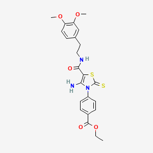 molecular formula C23H25N3O5S2 B2683182 ethyl 4-(4-amino-5-((3,4-dimethoxyphenethyl)carbamoyl)-2-thioxothiazol-3(2H)-yl)benzoate CAS No. 946301-57-1