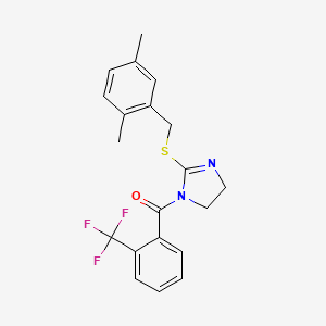 molecular formula C20H19F3N2OS B2683224 (2-((2,5-dimethylbenzyl)thio)-4,5-dihydro-1H-imidazol-1-yl)(2-(trifluoromethyl)phenyl)methanone CAS No. 862826-98-0