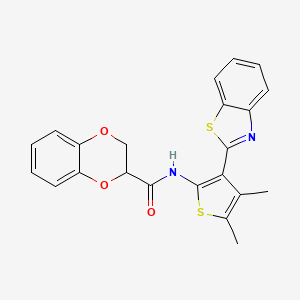 molecular formula C22H18N2O3S2 B2683287 N-(3-(benzo[d]thiazol-2-yl)-4,5-dimethylthiophen-2-yl)-2,3-dihydrobenzo[b][1,4]dioxine-2-carboxamide CAS No. 886960-31-2