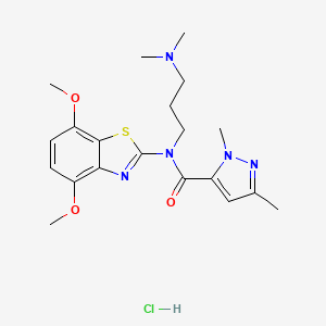 molecular formula C20H28ClN5O3S B2683322 N-(4,7-dimethoxybenzo[d]thiazol-2-yl)-N-(3-(dimethylamino)propyl)-1,3-dimethyl-1H-pyrazole-5-carboxamide hydrochloride CAS No. 1329870-77-0