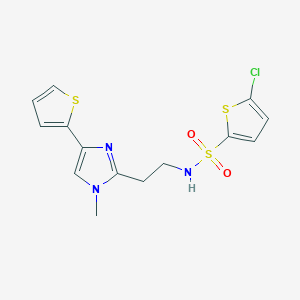 molecular formula C14H14ClN3O2S3 B2683383 5-chloro-N-(2-(1-methyl-4-(thiophen-2-yl)-1H-imidazol-2-yl)ethyl)thiophene-2-sulfonamide CAS No. 1396709-71-9
