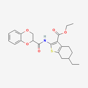 molecular formula C22H25NO5S B2683418 乙酸2-(2,3-二氢苯并[b][1,4]二氧杂环-2-基甲酰胺)-6-乙基-4,5,6,7-四氢苯并[b]噻吩-3-甲酸酯 CAS No. 868153-69-9