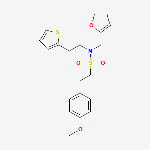 molecular formula C20H23NO4S2 B2683423 N-(furan-2-ylmethyl)-2-(4-methoxyphenyl)-N-(2-(thiophen-2-yl)ethyl)ethanesulfonamide CAS No. 1396882-86-2