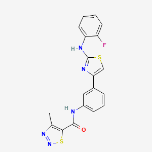 molecular formula C19H14FN5OS2 B2683445 N-(3-(2-((2-fluorophenyl)amino)thiazol-4-yl)phenyl)-4-methyl-1,2,3-thiadiazole-5-carboxamide CAS No. 1797641-70-3
