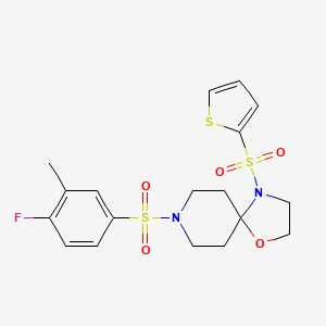 molecular formula C18H21FN2O5S3 B2683451 8-((4-Fluoro-3-methylphenyl)sulfonyl)-4-(thiophen-2-ylsulfonyl)-1-oxa-4,8-diazaspiro[4.5]decane CAS No. 898425-31-5