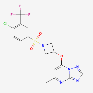 molecular formula C16H13ClF3N5O3S B2683455 1-(4-氯-3-(三氟甲基)苯基磺酰)-3-({5-甲基-[1,2,4]三唑并[1,5-a]嘧啶-7-基}氧基)氮杂环丁烷 CAS No. 2097927-22-3