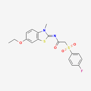 molecular formula C18H17FN2O4S2 B2683499 (E)-N-(6-乙氧-3-甲基苯并[d]噻唑-2(3H)-基亚甲基)-2-((4-氟苯基)磺酰)乙酰胺 CAS No. 895469-59-7