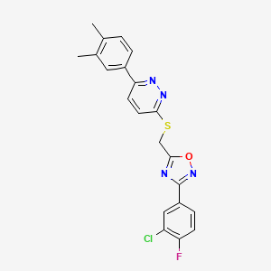 molecular formula C21H16ClFN4OS B2683507 3-(3-Chloro-4-fluorophenyl)-5-(((6-(3,4-dimethylphenyl)pyridazin-3-yl)thio)methyl)-1,2,4-oxadiazole CAS No. 1113108-48-7