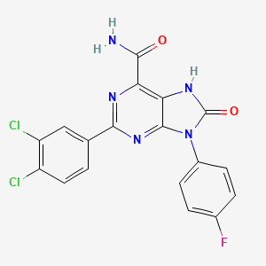 molecular formula C18H10Cl2FN5O2 B2683552 2-(3,4-dichlorophenyl)-9-(4-fluorophenyl)-8-oxo-8,9-dihydro-7H-purine-6-carboxamide CAS No. 869069-05-6