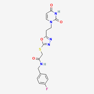 molecular formula C17H16FN5O4S B2683575 2-((5-(2-(2,4-dioxo-3,4-dihydropyrimidin-1(2H)-yl)ethyl)-1,3,4-oxadiazol-2-yl)thio)-N-(4-fluorobenzyl)acetamide CAS No. 1021082-85-8