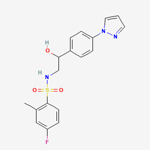 molecular formula C18H18FN3O3S B2683615 4-Fluoro-N-[2-hydroxy-2-(4-pyrazol-1-ylphenyl)ethyl]-2-methylbenzenesulfonamide CAS No. 2415542-32-2