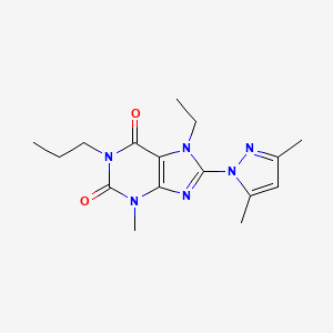 molecular formula C16H22N6O2 B2683762 8-(3,5-dimethyl-1H-pyrazol-1-yl)-7-ethyl-3-methyl-1-propyl-2,3,6,7-tetrahydro-1H-purine-2,6-dione CAS No. 1013874-56-0