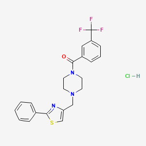 molecular formula C22H21ClF3N3OS B2683792 (4-((2-Phenylthiazol-4-yl)methyl)piperazin-1-yl)(3-(trifluoromethyl)phenyl)methanone hydrochloride CAS No. 1351647-92-1