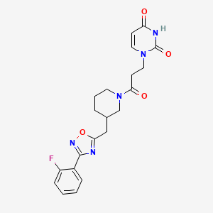 molecular formula C21H22FN5O4 B2683832 1-(3-(3-((3-(2-fluorophenyl)-1,2,4-oxadiazol-5-yl)methyl)piperidin-1-yl)-3-oxopropyl)pyrimidine-2,4(1H,3H)-dione CAS No. 1705069-84-6