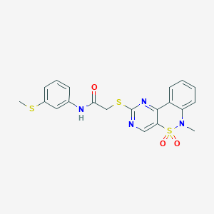 molecular formula C20H18N4O3S3 B2683834 2-((6-methyl-5,5-dioxido-6H-benzo[c]pyrimido[4,5-e][1,2]thiazin-2-yl)thio)-N-(3-(methylthio)phenyl)acetamide CAS No. 895104-13-9