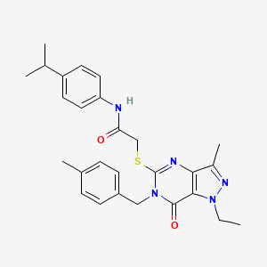 molecular formula C27H31N5O2S B2683870 2-((1-乙基-3-甲基-6-(4-甲基苯甲基)-7-氧代-6,7-二氢-1H-吡唑并[4,3-d]嘧啶-5-基)硫基)-N-(4-异丙基苯基)乙酰胺 CAS No. 1358372-83-4