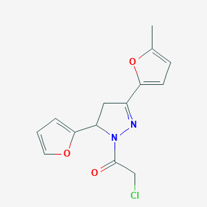 molecular formula C14H13ClN2O3 B2684043 2-氯-1-[5-(呋喃-2-基)-3-(5-甲基呋喃-2-基)-4,5-二氢-1H-吡唑-1-基]乙酮 CAS No. 796084-58-7