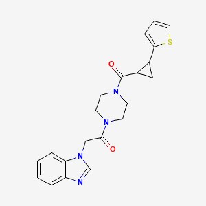 molecular formula C21H22N4O2S B2684109 2-(1H-benzo[d]imidazol-1-yl)-1-(4-(2-(thiophen-2-yl)cyclopropanecarbonyl)piperazin-1-yl)ethanone CAS No. 1209663-76-2