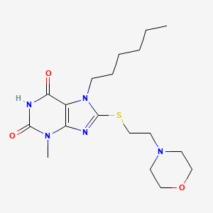 molecular formula C18H29N5O3S B2684232 7-hexyl-3-methyl-8-((2-morpholinoethyl)thio)-1H-purine-2,6(3H,7H)-dione CAS No. 672270-07-4