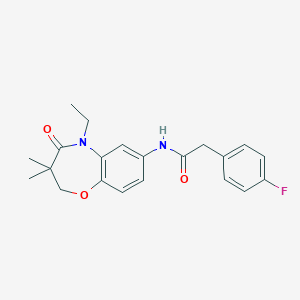 molecular formula C21H23FN2O3 B2684280 N-(5-乙基-3,3-二甲基-4-氧代-2,3,4,5-四氢苯并[b][1,4]噁唑-7-基)-2-(4-氟苯基)乙酰胺 CAS No. 921544-06-1