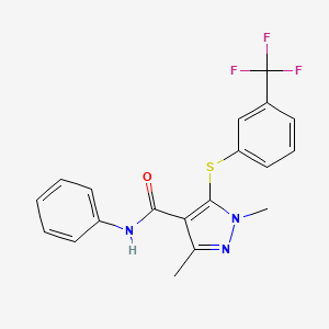 molecular formula C19H16F3N3OS B2684332 1,3-dimethyl-N-phenyl-5-{[3-(trifluoromethyl)phenyl]sulfanyl}-1H-pyrazole-4-carboxamide CAS No. 158712-48-2
