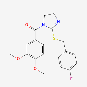 molecular formula C19H19FN2O3S B2684373 (3,4-Dimethoxyphenyl)-[2-[(4-fluorophenyl)methylsulfanyl]-4,5-dihydroimidazol-1-yl]methanone CAS No. 851865-66-2