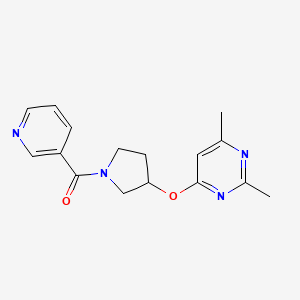 molecular formula C16H18N4O2 B2684411 2,4-二甲基-6-{[1-(吡啶-3-甲酰)吡咯啉-3-基]氧基}嘧啶 CAS No. 2097913-13-6