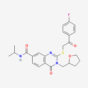 molecular formula C25H26FN3O4S B2684419 2-((2-(4-fluorophenyl)-2-oxoethyl)thio)-N-isopropyl-4-oxo-3-((tetrahydrofuran-2-yl)methyl)-3,4-dihydroquinazoline-7-carboxamide CAS No. 946235-66-1