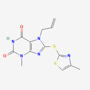 molecular formula C13H13N5O2S2 B2684486 7-Allyl-3-methyl-8-(4-methyl-thiazol-2-ylsulfanyl)-3,7-dihydro-purine-2,6-dione CAS No. 838898-91-2