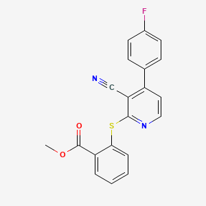 molecular formula C20H13FN2O2S B2684492 Methyl 2-{[3-cyano-4-(4-fluorophenyl)-2-pyridinyl]sulfanyl}benzenecarboxylate CAS No. 478245-93-1