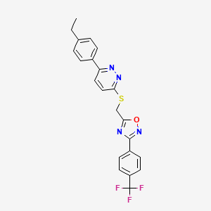 molecular formula C22H17F3N4OS B2684540 3-(4-Ethylphenyl)-6-[({3-[4-(trifluoromethyl)phenyl]-1,2,4-oxadiazol-5-yl}methyl)sulfanyl]pyridazine CAS No. 1115285-29-4