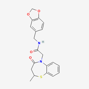 molecular formula C20H20N2O4S B2684598 N-(1,3-benzodioxol-5-ylmethyl)-2-(2-methyl-4-oxo-2,3-dihydro-1,5-benzothiazepin-5-yl)acetamide CAS No. 863004-40-4