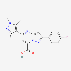 molecular formula C19H16FN5O2 B2684603 2-(4-氟苯基)-5-(1,3,5-三甲基-1H-嘧唑-4-基)吡唑并[1,5-a]嘧啶-7-羧酸 CAS No. 956439-72-8