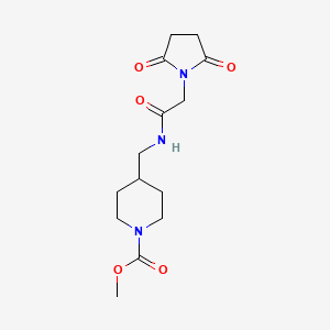 molecular formula C14H21N3O5 B2684663 甲基-4-((2-(2,5-二氧代吡咯啉-1-基)乙酰胺基)甲基)哌啶-1-羧酸酯 CAS No. 1234994-28-5