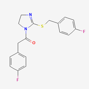 molecular formula C18H16F2N2OS B2684749 2-(4-Fluorophenyl)-1-[2-[(4-fluorophenyl)methylsulfanyl]-4,5-dihydroimidazol-1-yl]ethanone CAS No. 851800-19-6