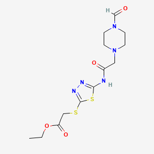 molecular formula C13H19N5O4S2 B2684757 Ethyl 2-[(5-{[2-(4-formylpiperazino)acetyl]amino}-1,3,4-thiadiazol-2-yl)sulfanyl]acetate CAS No. 329699-21-0