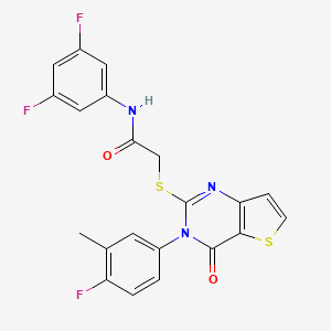 molecular formula C21H14F3N3O2S2 B2684758 N-(3,5-二氟苯基)-2-((3-(4-氟-3-甲基苯基)-4-氧代-3,4-二氢噻吩[3,2-d]嘧啶-2-基)硫)乙酰胺 CAS No. 1794917-58-0