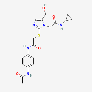 molecular formula C19H23N5O4S B2684899 N-(4-乙酰氨基苯基)-2-((1-(2-(环丙胺基)-2-氧代乙基)-5-(羟甲基)-1H-咪唑-2-基)硫)乙酰胺 CAS No. 923246-13-3