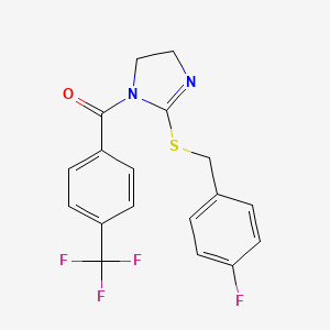 molecular formula C18H14F4N2OS B2684911 [2-[(4-Fluorophenyl)methylsulfanyl]-4,5-dihydroimidazol-1-yl]-[4-(trifluoromethyl)phenyl]methanone CAS No. 851865-98-0