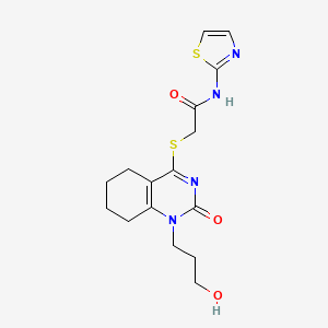 molecular formula C16H20N4O3S2 B2685062 2-((1-(3-羟基丙基)-2-氧代-1,2,5,6,7,8-六氢喹唑啉-4-基)硫基)-N-(噻唑-2-基)乙酰胺 CAS No. 899743-36-3
