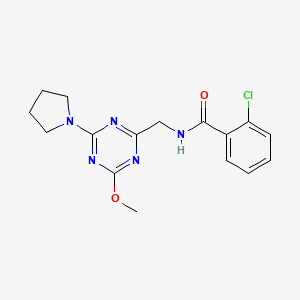 molecular formula C16H18ClN5O2 B2685130 2-chloro-N-((4-methoxy-6-(pyrrolidin-1-yl)-1,3,5-triazin-2-yl)methyl)benzamide CAS No. 2034576-71-9