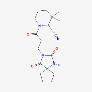 molecular formula C18H26N4O3 B2685163 1-[3-(2,4-Dioxo-1,3-diazaspiro[4.4]nonan-3-yl)propanoyl]-3,3-dimethylpiperidine-2-carbonitrile CAS No. 2223998-58-9