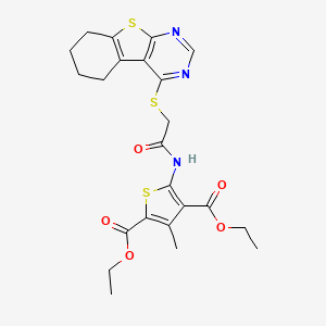 molecular formula C23H25N3O5S3 B2685164 Diethyl 3-methyl-5-{[(5,6,7,8-tetrahydro[1]benzothieno[2,3-d]pyrimidin-4-ylsulfanyl)acetyl]amino}thiophene-2,4-dicarboxylate CAS No. 307341-16-8